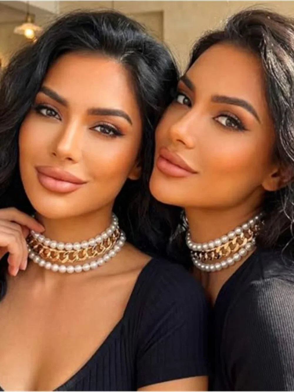 Gold Tone Cuban Link Choker Faux Pearl Boho Statement Necklace for Women
